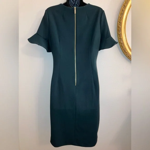NEW Calvin Klein Fall Green Ruffle Short Sleeve Pencil Sheath Formal Dress 10 - Picture 8 of 17